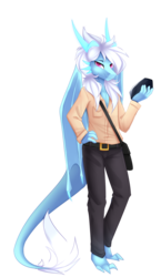 Size: 900x1557 | Tagged: safe, artist:scarlet-spectrum, oc, oc only, dragon, anthro, digitigrade anthro, anthro oc, clothes, commission, digital art, dragon tail, hand on hip, horns, looking at you, male, pants, shirt, simple background, smiling, solo, transparent background