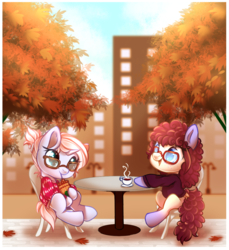 Size: 800x875 | Tagged: safe, artist:cabbage-arts, oc, oc only, oc:sweet lullaby, unnamed oc, pony, autumn, coffee, commission, cottagecore, cute, drinking, duo, female, gradient hooves, mare, meganekko, ocbetes, smiling, ych result