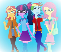 Size: 2168x1848 | Tagged: safe, artist:miraculouslover22, fluttershy, rainbow dash, sci-twi, sunset shimmer, twilight sparkle, equestria girls, g4, alternate clothes, alternate hairstyle, clothes, cute, dashabetes, dress, eyes closed, female, glasses, holding hands, lesbian, miniskirt, pants, ship:flutterdash, ship:sci-twishimmer, ship:sunsetsparkle, shipping, short hair rainbow dash, shyabetes, skirt, socks, stockings, thigh highs, thigh socks