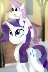 Size: 1200x1800 | Tagged: safe, artist:mr100dragon100, rarity, sweetie belle, pony, unicorn, g4, duo, female, mare, sisters, sitting on head, walking
