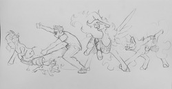 Size: 1280x665 | Tagged: safe, artist:greyscaleart, princess celestia, princess luna, tempest shadow, twilight sparkle, oc, oc:human grey, alicorn, human, pony, unicorn, g4, dancing, do the sparkle, female, filly, majestic as fuck, the monkey, traditional art, younger