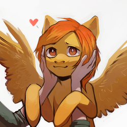 Size: 2000x2000 | Tagged: safe, artist:didna, oc, oc only, oc:firetale, human, pegasus, pony, bust, female, hands on cheeks, heart, high res, looking up, mare, offscreen character, pov, simple background, spread wings, white background, wings