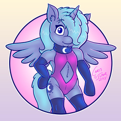 Size: 1024x1024 | Tagged: safe, artist:chris sutor, princess luna, alicorn, pony, anthro, naughty luna, g4, 2018, belly button, clothes, collar, commission, cute, female, filly, gloves, hair over one eye, leotard, looking at you, mare, navel cutout, smiling, socks, spread wings, wings