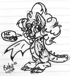 Size: 1824x1975 | Tagged: safe, artist:binkyt11, derpibooru exclusive, pinkie pie, cockatrice pony, original species, g4, body markings, female, lined paper, mare, monochrome, smiling, solo, traditional art, wing hands