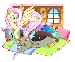 Size: 1579x1310 | Tagged: safe, artist:1racat, angel bunny, discord, fluttershy, draconequus, pony, g4, female, hoof hold, interior, male, mare, pillow, prone, ship:discoshy, shipping, smiling, spread wings, straight, wings