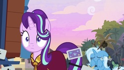 Size: 1920x1080 | Tagged: safe, screencap, starlight glimmer, trixie, pony, unicorn, g4, road to friendship, card, clothes, crying, discovery family logo, duo, female, mare, robe, wide eyes