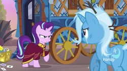 Size: 1920x1080 | Tagged: safe, screencap, starlight glimmer, trixie, pony, unicorn, g4, road to friendship, butt, clothes, crying, discovery family logo, duo, female, hoo'far's wagon, mare, plot, raised hoof, robe, teary eyes, underhoof