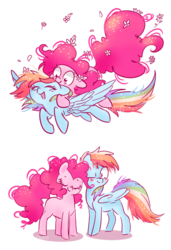Size: 824x1207 | Tagged: safe, artist:pinkablue, pinkie pie, rainbow dash, earth pony, pegasus, pony, g4, blushing, cute, eyes closed, female, flower, flower in hair, flying, lesbian, mare, nuzzling, one eye closed, ship:pinkiedash, shipping, signature, simple background, white background