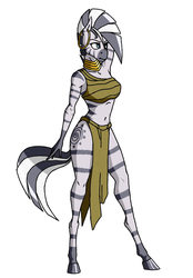 Size: 2560x3680 | Tagged: safe, artist:akweer, zecora, zebra, anthro, unguligrade anthro, g4, arm behind head, armpits, ear piercing, earring, female, high res, hooped earrings, jewelry, loincloth, midriff, neck rings, piercing, simple background, skinny, solo, thin, tribal, white background
