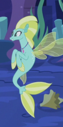 Size: 219x441 | Tagged: safe, screencap, ocean mist, pony, seapony (g4), g4, surf and/or turf, background sea pony, cropped, female, fins, grin, jewelry, mare, necklace, smiling, solo, underwater