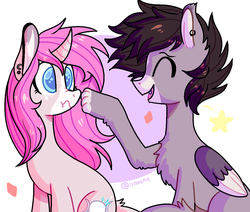 Size: 1093x928 | Tagged: safe, artist:1racat, oc, oc only, oc:tarot, oc:xor, classical unicorn, pony, sphinx, unicorn, boop, chest fluff, cloven hooves, couple, curved horn, cute, ear piercing, female, floppy ears, fluffy, horn, interspecies, leonine tail, long tail, male, mare, oc x oc, paws, piercing, scrunchy face, shipping, simple background, smiling, sphinx oc, straight, surprised, taror, unshorn fetlocks, wings, ych result