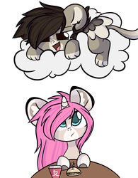 Size: 2500x3200 | Tagged: safe, artist:vessel, oc, oc only, oc:tarot, oc:xor, classical unicorn, pony, sphinx, unicorn, cloud, cloven hooves, couple, curved horn, cute, ear piercing, female, floppy ears, food, high res, hooves, horn, interspecies, leonine tail, male, mare, oc x oc, paws, piercing, shipping, simple background, smiling, sphinx oc, straight, taror, unshorn fetlocks, wings, ych result