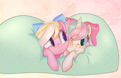 Size: 4320x2772 | Tagged: safe, artist:frfray, oc, oc only, oc:bay breeze, oc:mirabelle, pegasus, pony, unicorn, beanbag chair, blushing, bow, cute, duo, female, hair bow, looking at each other, mare, nuzzling, squishy cheeks, ych result