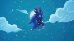 Size: 1500x843 | Tagged: dead source, safe, artist:anima-dos, artist:duo cartoonist, artist:lionheartcartoon, princess luna, alicorn, pony, children of the night, g4, animated, beautiful, cute, eyes closed, female, flapping, flying, gif, mare, moon, night, solo, youtube link
