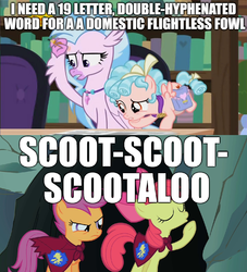 Size: 1024x1126 | Tagged: safe, edit, edited screencap, editor:useraccount, screencap, apple bloom, cozy glow, scootaloo, silverstream, classical hippogriff, earth pony, hippogriff, pegasus, pony, g4, school raze, stare master, book, crossword puzzle, eyes closed, female, filly, foal, image macro, meme, scootachicken, scootaloo can't fly, scootaloo is not amused, unamused