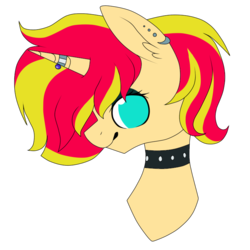 Size: 750x750 | Tagged: safe, artist:princess-of-the-nigh, sunset shimmer, pony, unicorn, icey-verse, g4, alternate hairstyle, bust, choker, commission, ear fluff, ear piercing, earring, eyeshadow, female, horn, horn ring, jewelry, makeup, mare, piercing, ring, simple background, solo, spiked choker, transparent background, wedding ring