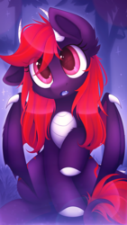 Size: 900x1600 | Tagged: safe, artist:scarlet-spectrum, oc, oc only, oc:scarlet spectrum, dracony, hybrid, pony, cute, cute little fangs, digital art, eye clipping through hair, fangs, female, mare, ocbetes, open mouth, red hair, red mane, red tail, solo