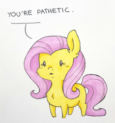 Size: 896x956 | Tagged: safe, artist:buttersprinkle, fluttershy, pony, g4, beady eyes, chibi, dialogue, female, mare, reaction image, simple background, text, traditional art