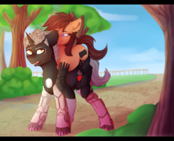 Size: 3700x3000 | Tagged: safe, artist:foxleepy, oc, oc only, oc:kick pacer, oc:wireless fuzz, cyborg, pony, amputee, duo, high res, pathway, ponies riding ponies, prosthetic limb, prosthetics, riding, tree, ych result