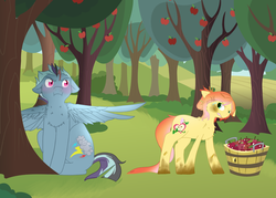 Size: 1400x1000 | Tagged: safe, artist:mintbubbie, oc, oc:ambrosia apple, oc:stormfront, earth pony, pegasus, pony, apple, apple tree, blushing, bucket, dirty hooves, duo, female, food, male, mare, offspring, parent:big macintosh, parent:fluttershy, parent:rainbow dash, parent:thunderlane, parents:fluttermac, parents:thunderdash, spread wings, stallion, story included, tree, wingboner, wings