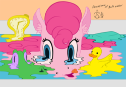 Size: 1000x696 | Tagged: safe, artist:sepiakeys, gummy, pinkie pie, pony, g4, bathing, bathtub, clock, female, fine art parody, melting, partially submerged, pinkie being pinkie, pruny, refraction, rubber duck, salvador dalí, solo, the persistence of memory, water, wet mane