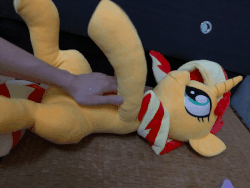 Size: 600x450 | Tagged: safe, artist:nekokevin, sunset shimmer, human, pony, unicorn, g4, animated, bellyrubs, cute, female, gif, hand, irl, irl human, lying down, mare, nekokevin is trying to murder us, offscreen character, photo, plushie, rubbing, shimmerbetes, smiling, tickle torture, tickling, underhoof