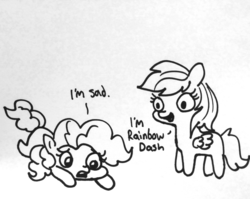 Size: 1280x1018 | Tagged: safe, artist:tjpones, pinkie pie, rainbow dash, earth pony, pegasus, pony, black and white, captain obvious, cute, dad joke, dashabetes, dialogue, diapinkes, duo, female, grayscale, lineart, looking down, lying down, mare, monochrome, out of character, prone, rainbow douche, rainbow dumb, sad, sadorable, simple background, sploot, traditional art, wide eyes