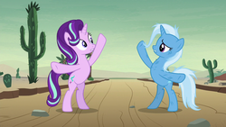 Size: 1280x720 | Tagged: safe, screencap, starlight glimmer, trixie, pony, unicorn, g4, road to friendship, cactus, desert, duo, female, mare, road, saguaro cactus, standing