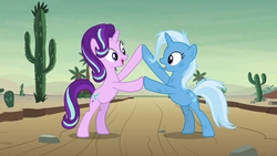 Size: 1280x720 | Tagged: safe, screencap, starlight glimmer, trixie, pony, unicorn, g4, road to friendship, cactus, desert, duo, female, mare, rearing, road, saguaro cactus