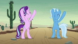 Size: 1280x720 | Tagged: safe, screencap, starlight glimmer, trixie, pony, unicorn, g4, road to friendship, bipedal, cactus, cute, desert, diatrixes, duo, eyes closed, female, glimmerbetes, mare, road, saguaro cactus, standing