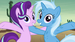 Size: 1280x720 | Tagged: safe, screencap, starlight glimmer, trixie, pony, unicorn, g4, road to friendship, bipedal, cactus, cute, diatrixes, duo, duo female, female, friendship chant, glimmerbetes, looking at you, mare, messy mane, saguaro cactus, smiling