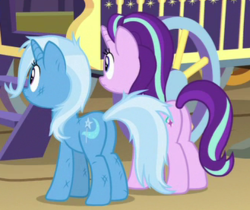 Size: 329x276 | Tagged: safe, screencap, starlight glimmer, trixie, pony, unicorn, g4, road to friendship, butt, cropped, duo, female, glimmer glutes, mare, plot, the great and powerful ass