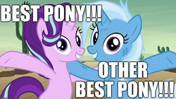 Size: 1280x720 | Tagged: safe, edit, edited screencap, editor:useraccount, screencap, starlight glimmer, trixie, pony, unicorn, g4, road to friendship, best pony, duo, excessive exclamation marks, female, image macro, mare, meme, smiling