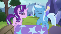 Size: 1280x720 | Tagged: safe, screencap, starlight glimmer, trixie, pony, unicorn, g4, road to friendship, duo, eyes closed, female, hoof on chest, laughing, mare