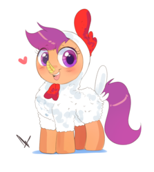 Size: 2500x2800 | Tagged: safe, artist:mrscurlystyles, scootaloo, pegasus, pony, g4, animal costume, blushing, chicken suit, clothes, costume, covered wings, cute, cutealoo, female, filly, happy, heart, high res, looking at you, open mouth, scootachicken, signature, simple background, smiling, solo, white background