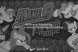 Size: 800x534 | Tagged: safe, applejack, fluttershy, pinkie pie, rainbow dash, rarity, twilight sparkle, fighting is magic, g4, believe in something, black and white, grayscale, mane six, meme, monochrome, nike