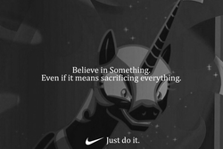 Size: 800x534 | Tagged: safe, edit, edited screencap, screencap, nightmare moon, alicorn, pony, the cutie re-mark, alternate timeline, believe in something, black and white, female, grayscale, just do it, mare, meme, monochrome, nightmare takeover timeline, nike, text