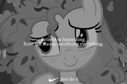Size: 800x534 | Tagged: safe, edit, edited screencap, screencap, pear butter, earth pony, pony, g4, the perfect pear, believe in something, black and white, female, grayscale, implied death, mare, meme, monochrome, nike, solo