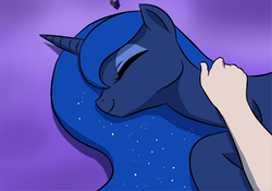 Size: 1063x742 | Tagged: safe, artist:doublewbrothers, edit, princess luna, alicorn, human, pony, g4, beautiful, cropped, cute, daaaaaaaaaaaw, disembodied hand, eyes closed, female, gradient background, hand, hnnng, lunabetes, mare, offscreen character, petting, pov, precious, smiling, sweet dreams fuel