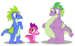Size: 6366x3925 | Tagged: safe, artist:aleximusprime, spike, oc, oc:penny the dragon, oc:percy the dragon, dragon, g4, adult, adult spike, brother and sister, dragon oc, fat spike, female, male, meeting, older, older spike, show accurate, siblings, simple background, transparent background, vector, winged spike, wings