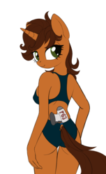 Size: 776x1280 | Tagged: safe, artist:lunebat, oc, oc only, oc:aluxor, unicorn, anthro, anthro oc, clothes, female, looking at you, looking back, looking back at you, one-piece swimsuit, open-back swimsuit, rule 63, simple background, solo, swimsuit, transparent background
