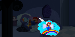 Size: 2884x1438 | Tagged: safe, artist:daringdashie, artist:fabulouspony, artist:user15432, rainbow dash, fairy, human, pegasus, pony, g4, bed, bedroom, crossover, dream, dream bubble, fairy wings, hasbro, hasbro studios, male, maridash, mario, night, nintendo, rainbow, rainbows, sleeping, super mario bros., super smash bros., wings