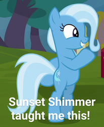 Size: 511x620 | Tagged: safe, edit, edited screencap, screencap, trixie, pony, unicorn, g4, road to friendship, belly, bipedal, cropped, female, implied sunset shimmer, mare, moonwalk, smiling, solo, text