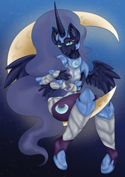 Size: 4961x7016 | Tagged: safe, artist:fuzzy-britches, nightmare moon, alicorn, anthro, plantigrade anthro, g4, absurd resolution, armor, digital art, female, looking at you, mare, moon, solo, tangible heavenly object