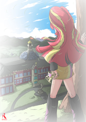 Size: 2894x4093 | Tagged: safe, artist:ryured, sunset shimmer, equestria girls, g4, my little pony equestria girls, big crown thingy, boots, canterlot high, clothes, element of magic, female, jacket, leather, leather jacket, miniskirt, rear view, regalia, shoes, skirt, thighs