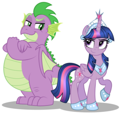 Size: 1024x967 | Tagged: safe, artist:aleximusprime, spike, twilight sparkle, alicorn, dragon, pony, g4, adult, adult spike, anklet, big crown thingy, chubby, confident, crown, fat, fat spike, future, height difference, hoof shoes, jewelry, looking at each other, looking sideways, looking up, older, older spike, older twilight, peytral, physique difference, plump, princess of friendship, princess shoes, raised hoof, regalia, sassy, simple background, slender, smug, thin, tiara, transparent background, twilight sparkle (alicorn), vector, winged spike, wings