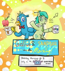 Size: 1200x1320 | Tagged: safe, artist:pacificgreen, gallus, sandbar, earth pony, griffon, pony, g4, apple, bowtie, coffee mug, community, mug, necktie, reference, sun