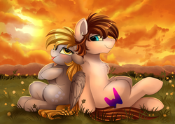 Size: 3550x2509 | Tagged: safe, artist:pridark, derpy hooves, oc, pony, g4, blushing, canon x oc, chest fluff, commission, female, high res, male, smiling, straight, sunset, tongue out