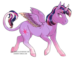 Size: 1300x1022 | Tagged: safe, artist:owlcoholik, twilight sparkle, alicorn, pony, g4, alternate design, alternate hairstyle, coat markings, colored wings, curved horn, cutie mark, female, horn, leonine tail, looking back, mare, rainbow power, short hair, simple background, smiling, socks (coat markings), solo, twilight sparkle (alicorn), white background