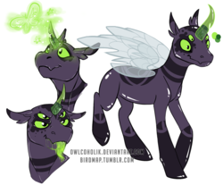 Size: 1500x1239 | Tagged: safe, artist:owlcoholik, oc, oc only, oc:astoria moon, changepony, hybrid, acid, ambiguous gender, changeling hybrid, drool, floppy ears, glowing horn, horn, interspecies offspring, magic, magical lesbian spawn, multiple eyes, offspring, parent:princess luna, parent:queen chrysalis, parents:chrysaluna, simple background, solo, story included, tongue out, transparent horn, white background